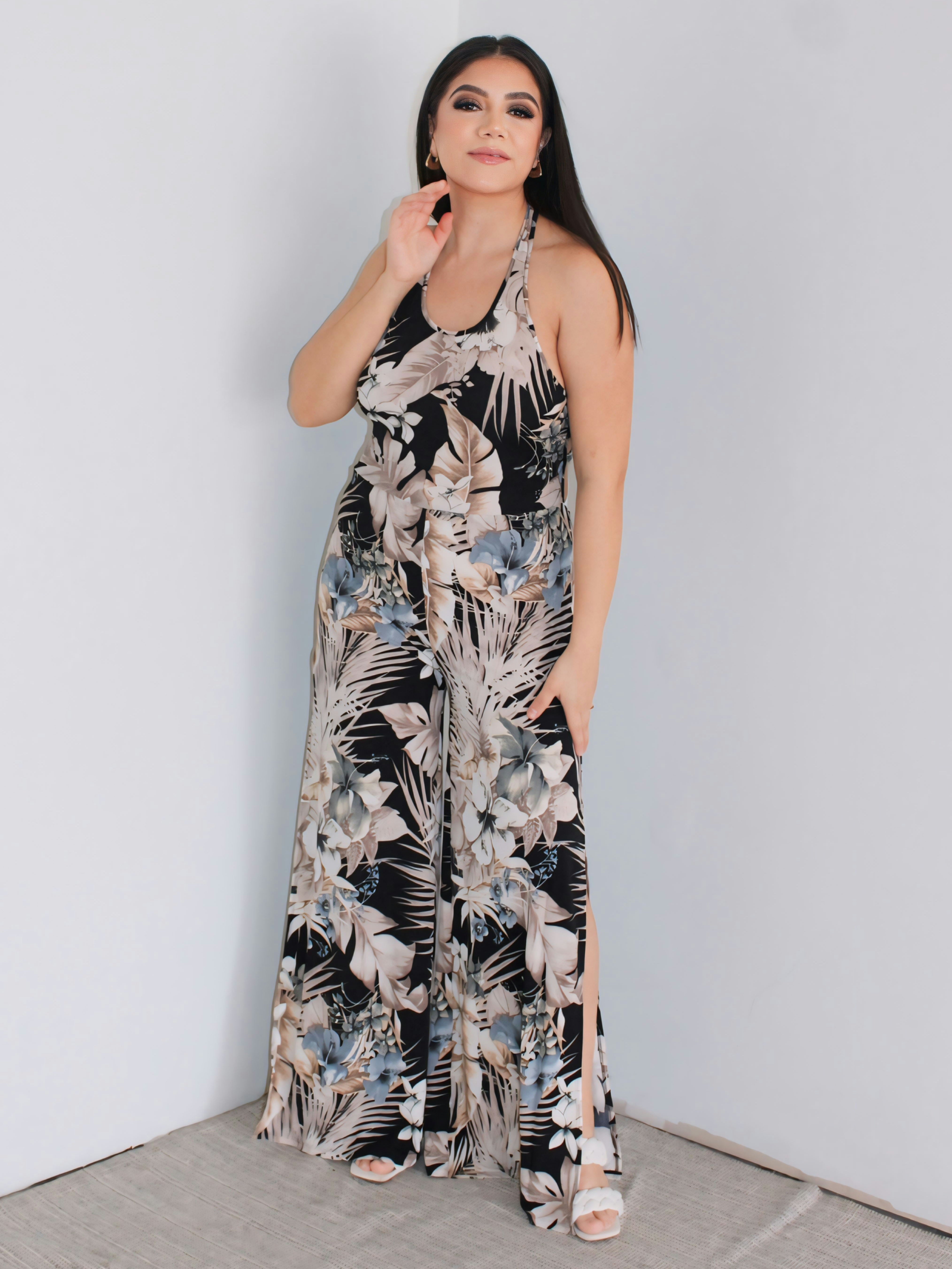 Vacay Floral Print Jumsuit With Back Crisscross