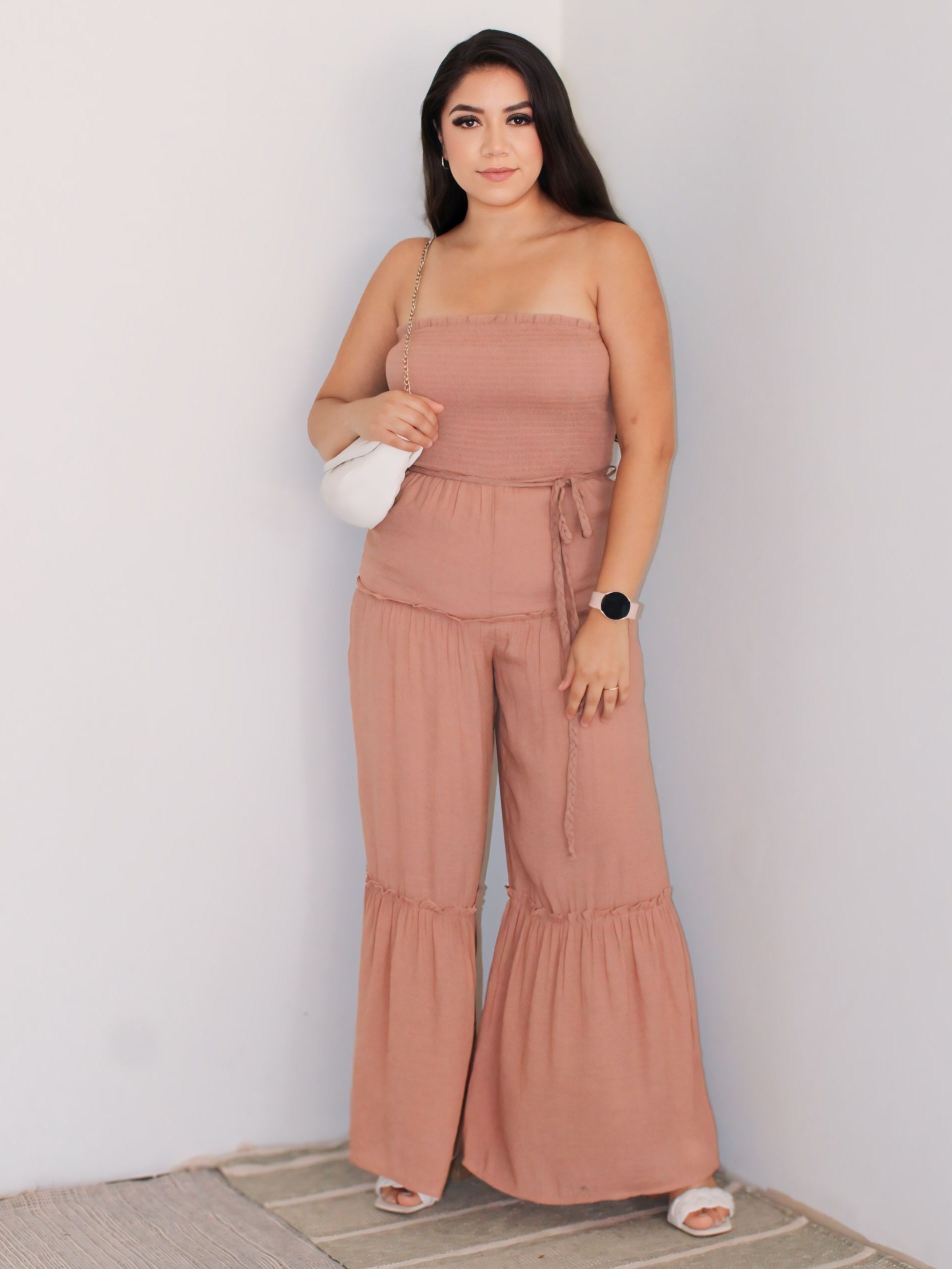 Perfect Woven Sleeveless Smocked Ruffle Jumpsuit in Clay