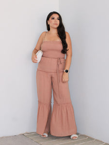 Perfect Woven Sleeveless Smocked Ruffle Jumpsuit in Clay