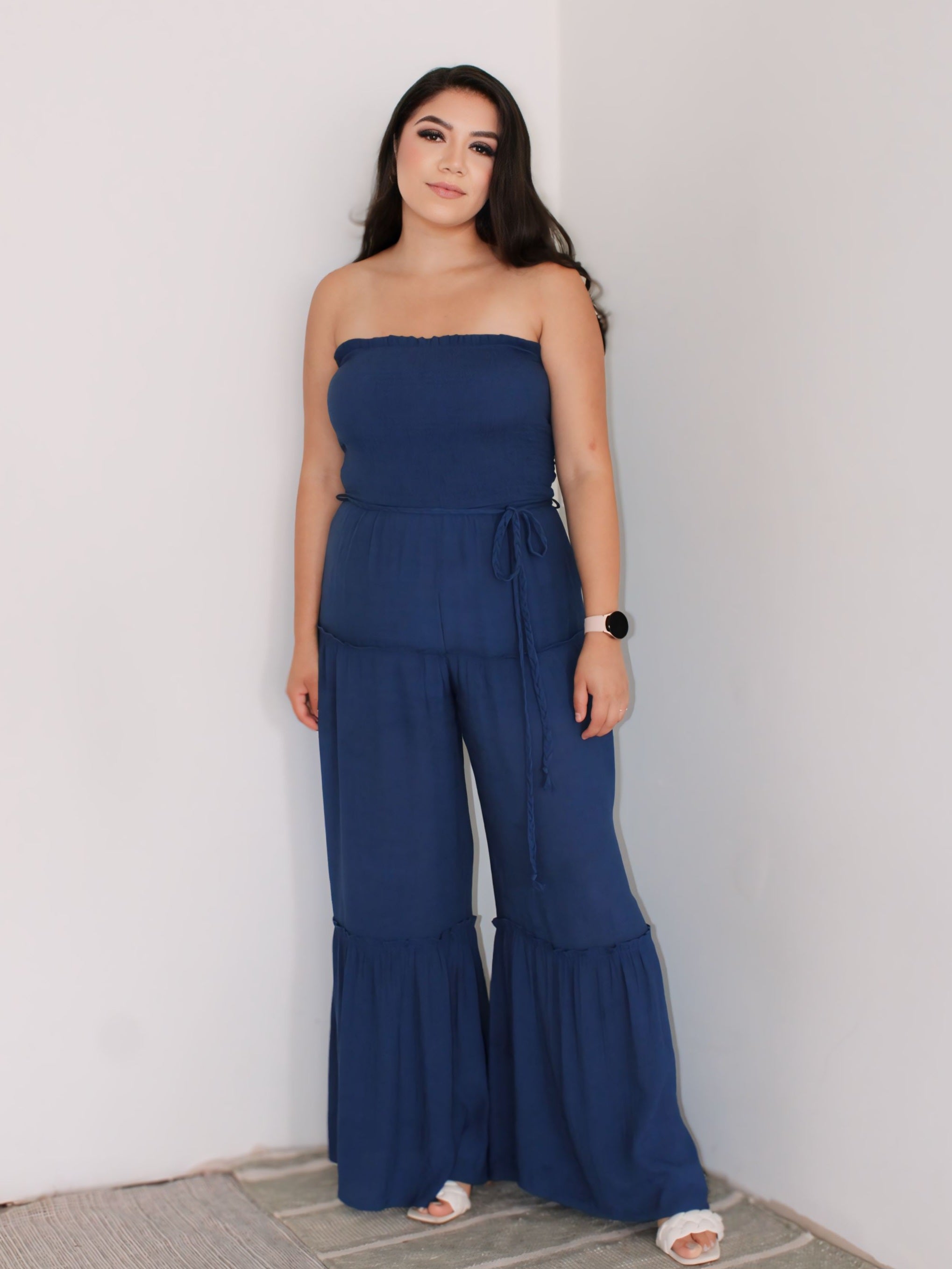 Perfect Woven Sleeveless Smocked Ruffle Jumpsuit in Navy