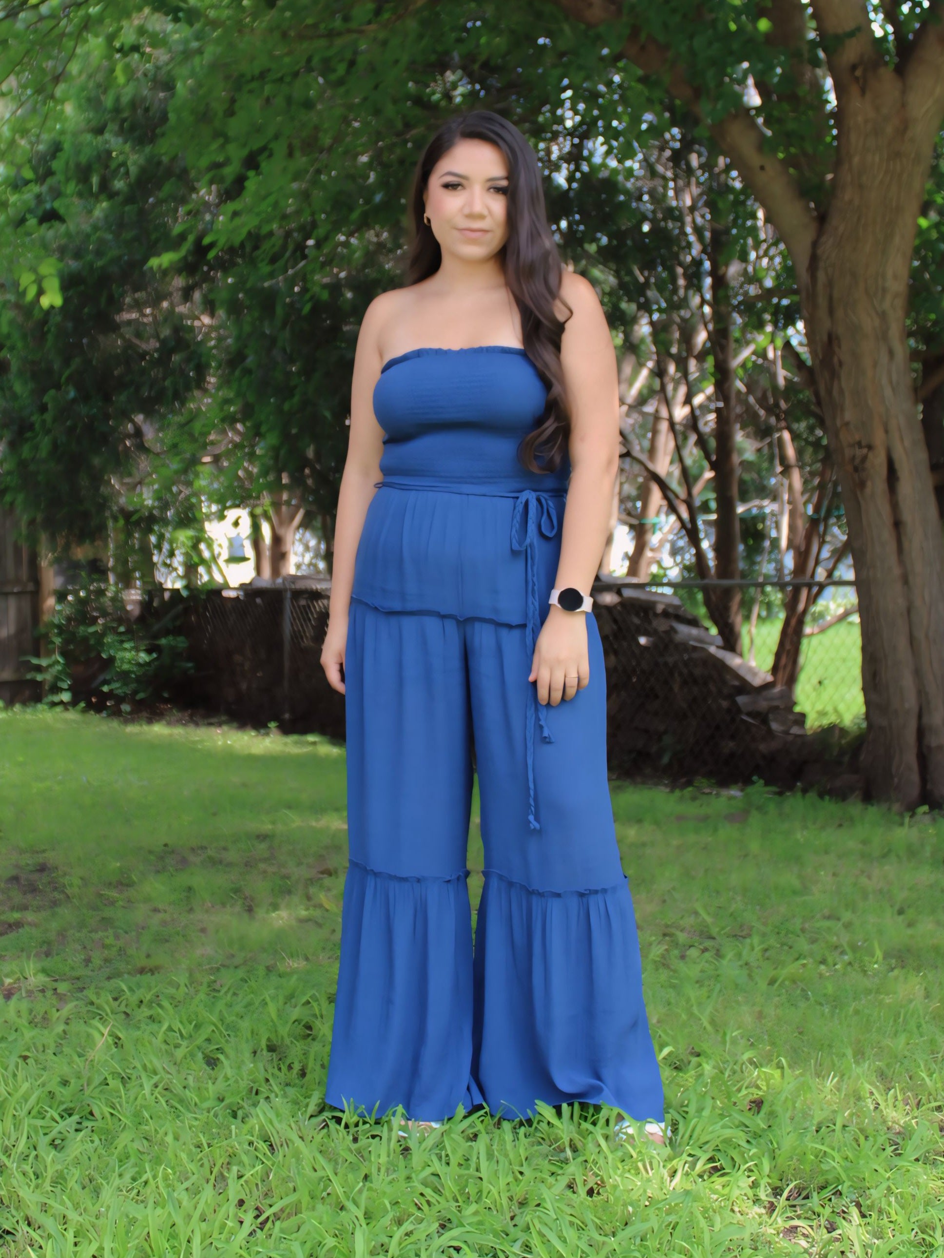 Perfect Woven Sleeveless Smocked Ruffle Jumpsuit in Navy