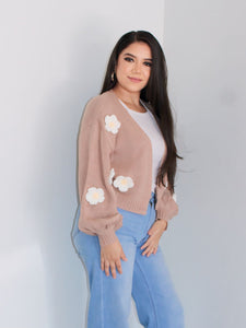 Valeria's 3D Flower Cardigan in Tan