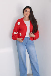 Valeria's 3D Flower Cardigan in Red