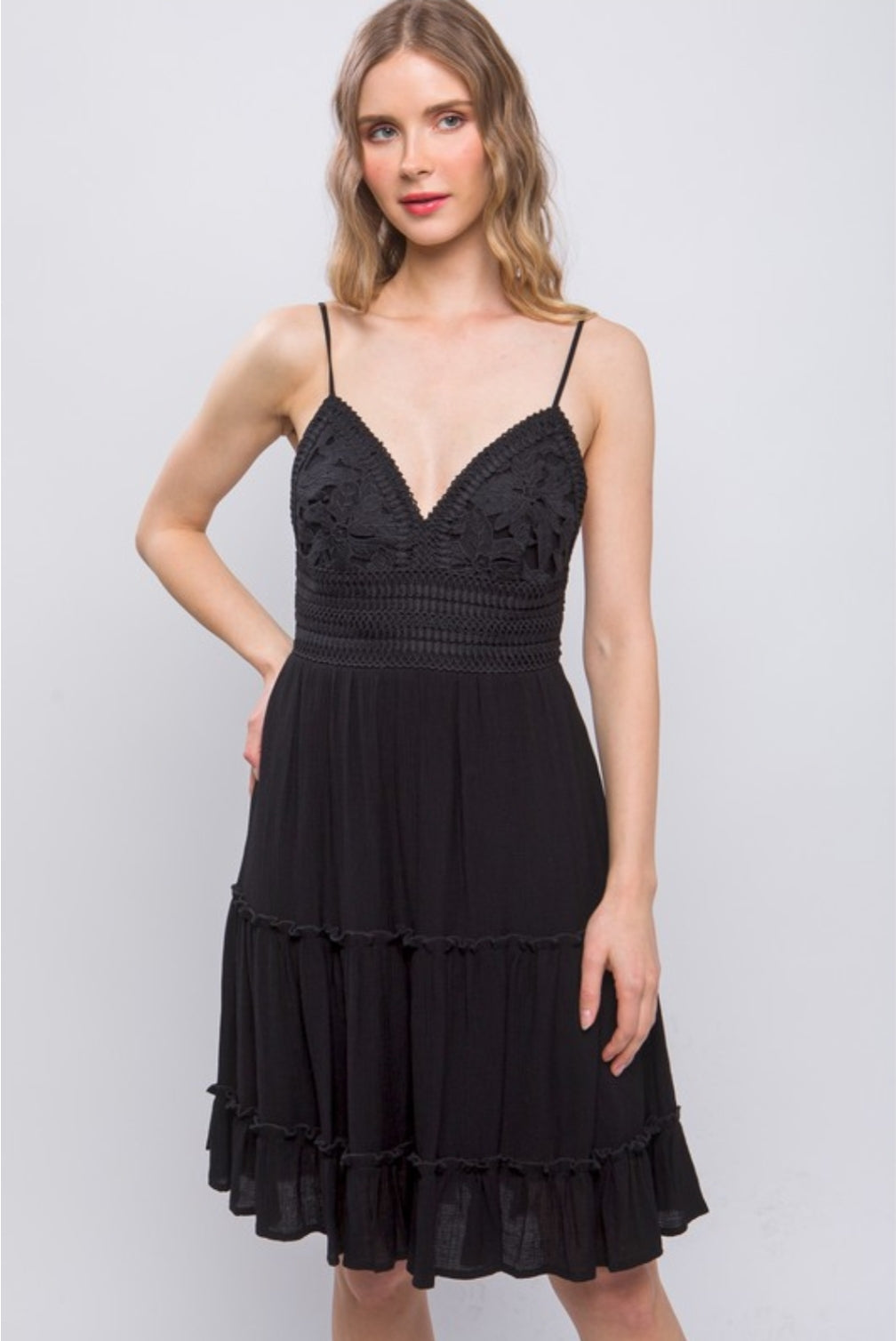 The Crochet Dream Tie-Back Dress in Black