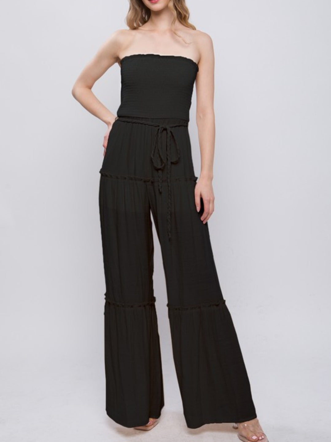 Perfect Woven Sleeveless Smocked Ruffle Jumpsuit in Black