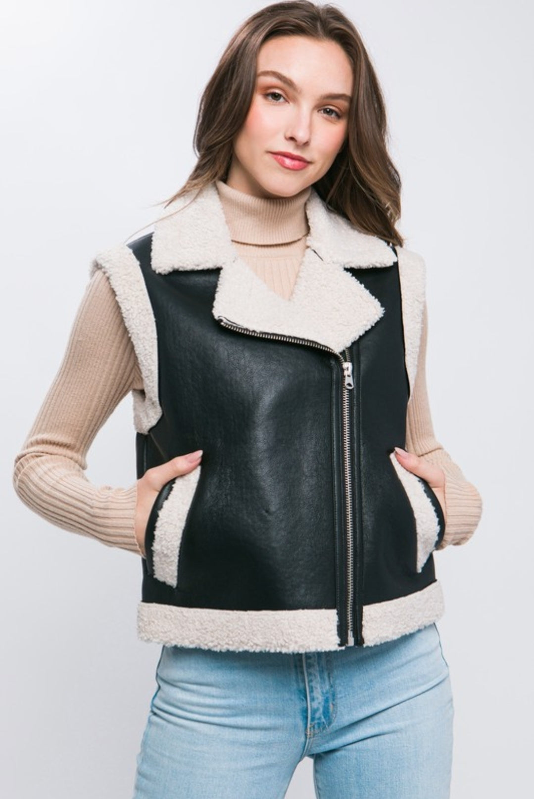 Lovely Winter PU Faux Leather Sherpa Trim Vest