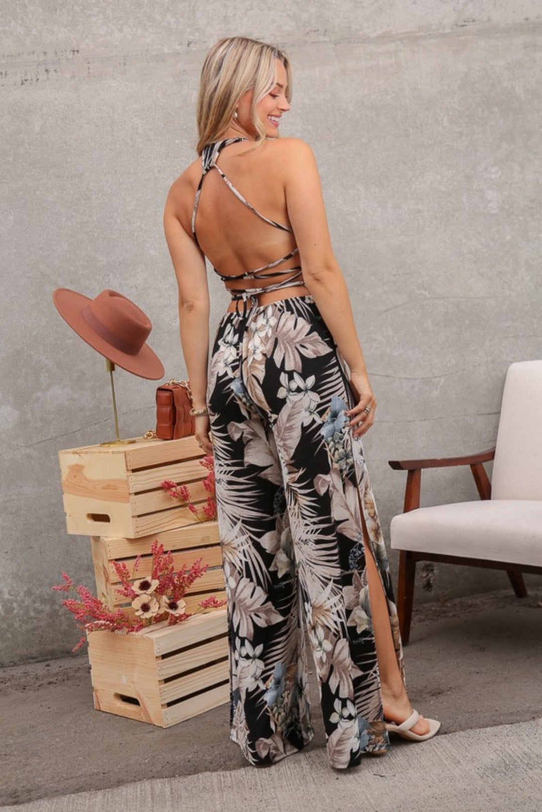 Vacay Floral Print Jumsuit With Back Crisscross