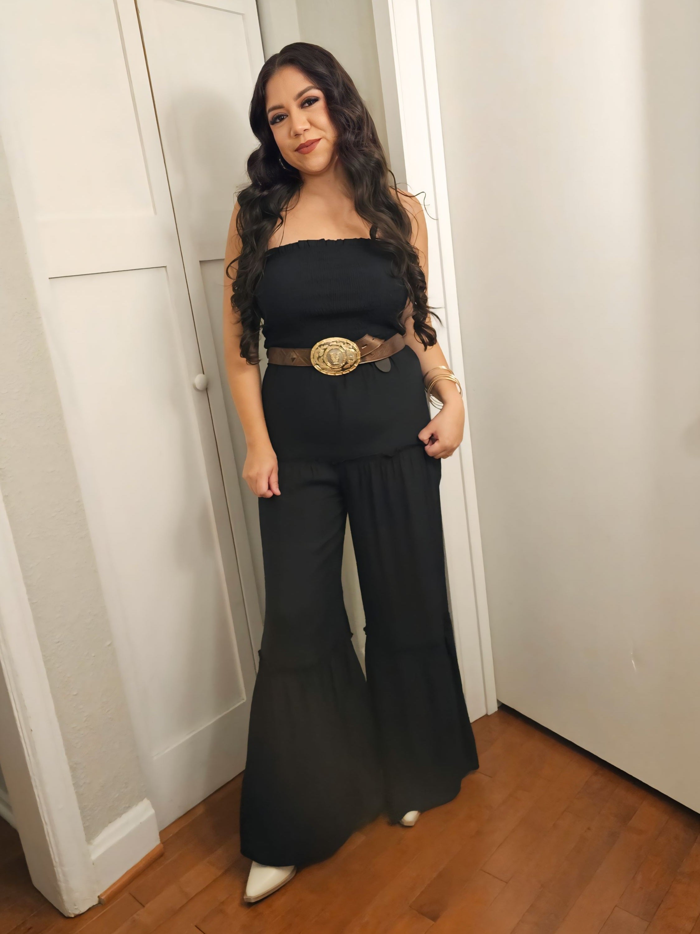 Perfect Woven Sleeveless Smocked Ruffle Jumpsuit in Black