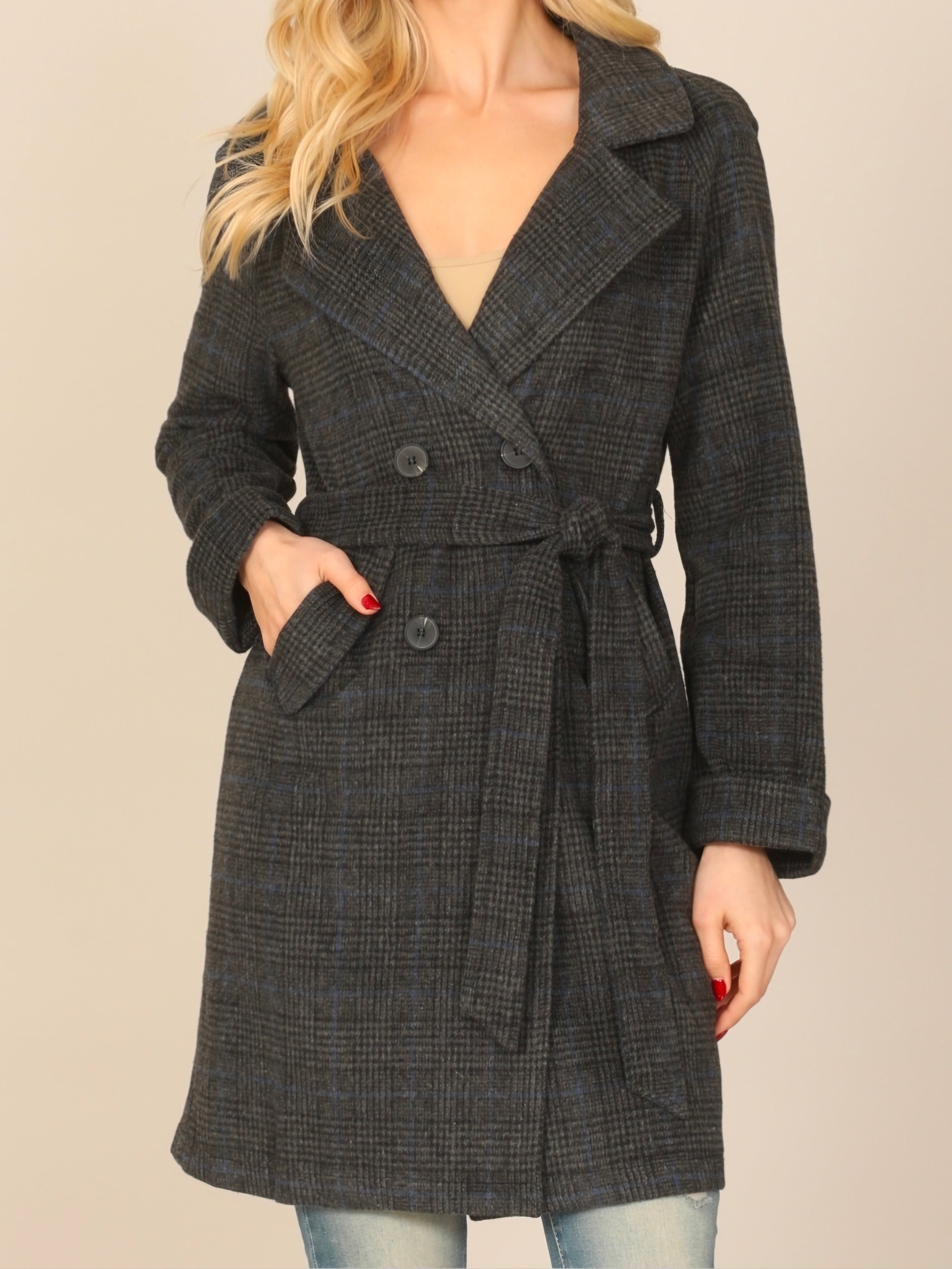 Black Seamless Plaid Waist Tie Wrap Coat Jacket