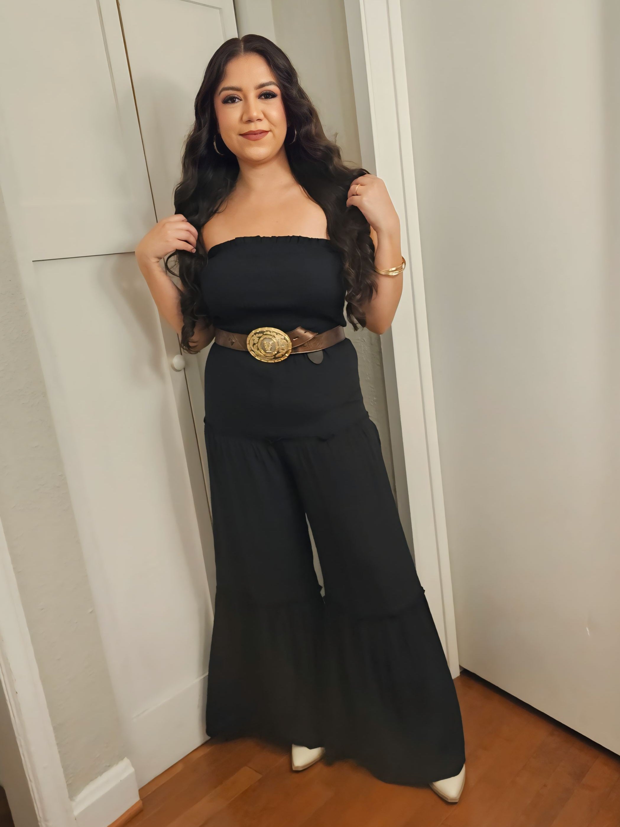 Perfect Woven Sleeveless Smocked Ruffle Jumpsuit in Black