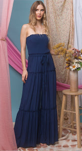 Perfect Woven Sleeveless Smocked Ruffle Jumpsuit in Navy