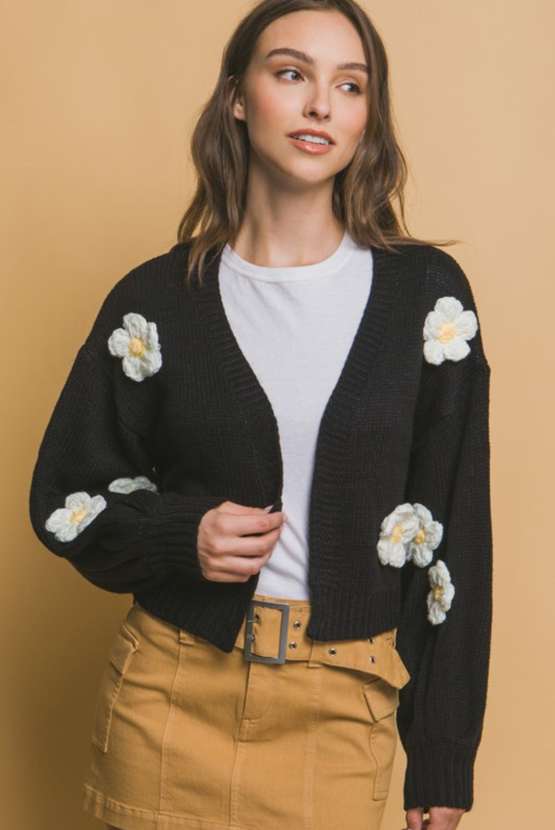 Valeria's 3D Flower Cardigan in Black