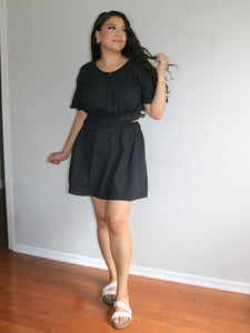 Black Puff Sleeve Cut-Out Waist Dress