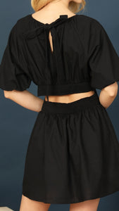 Black Puff Sleeve Cut-Out Waist Dress