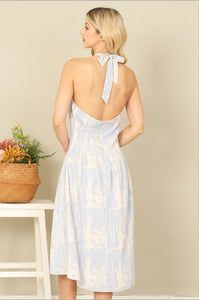 Sky Blue Tie Halter Neck Keyhole Detail Printed Dress