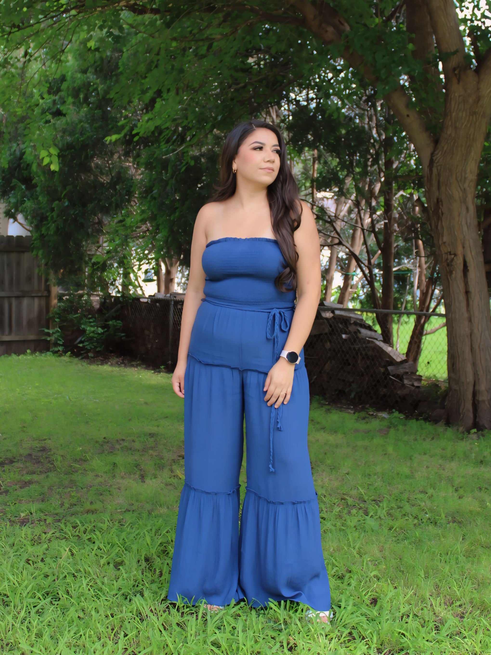 Perfect Woven Sleeveless Smocked Ruffle Jumpsuit in Navy