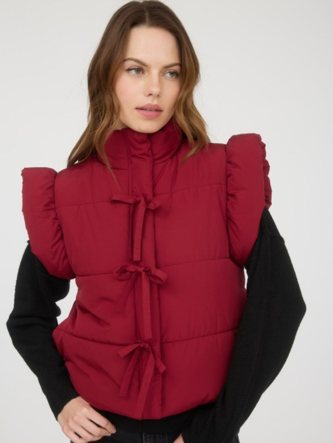 Red Puff Tie-front Padded Vest in Wine