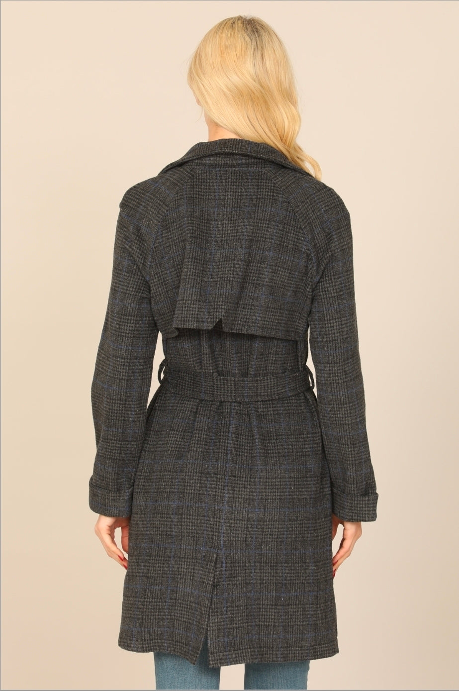 Black Seamless Plaid Waist Tie Wrap Coat Jacket