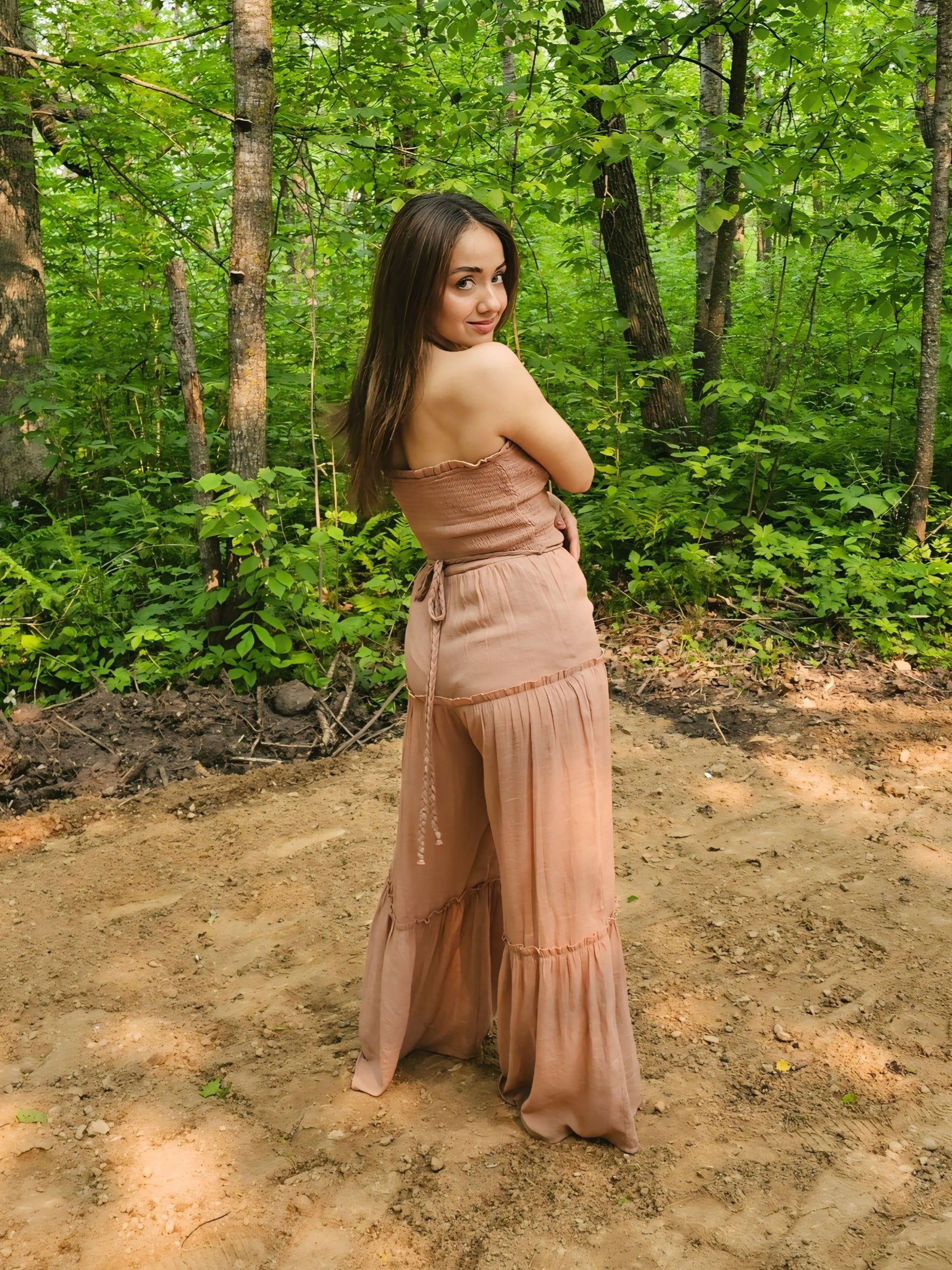 Perfect Woven Sleeveless Smocked Ruffle Jumpsuit in Clay