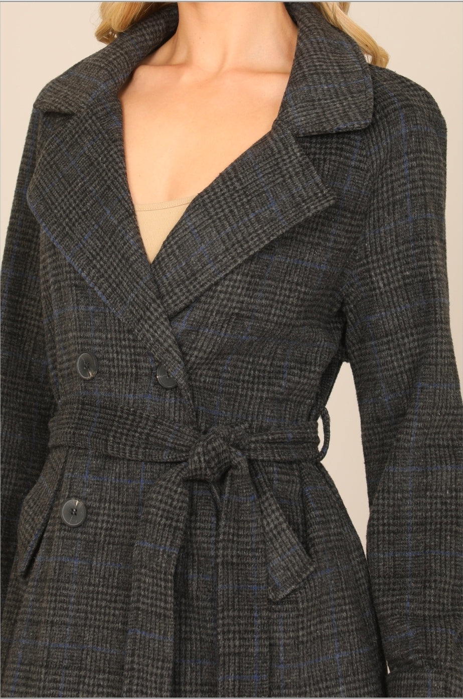 Black Seamless Plaid Waist Tie Wrap Coat Jacket