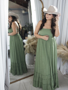 Olive Halter Smocked Tiered Maxi Dress