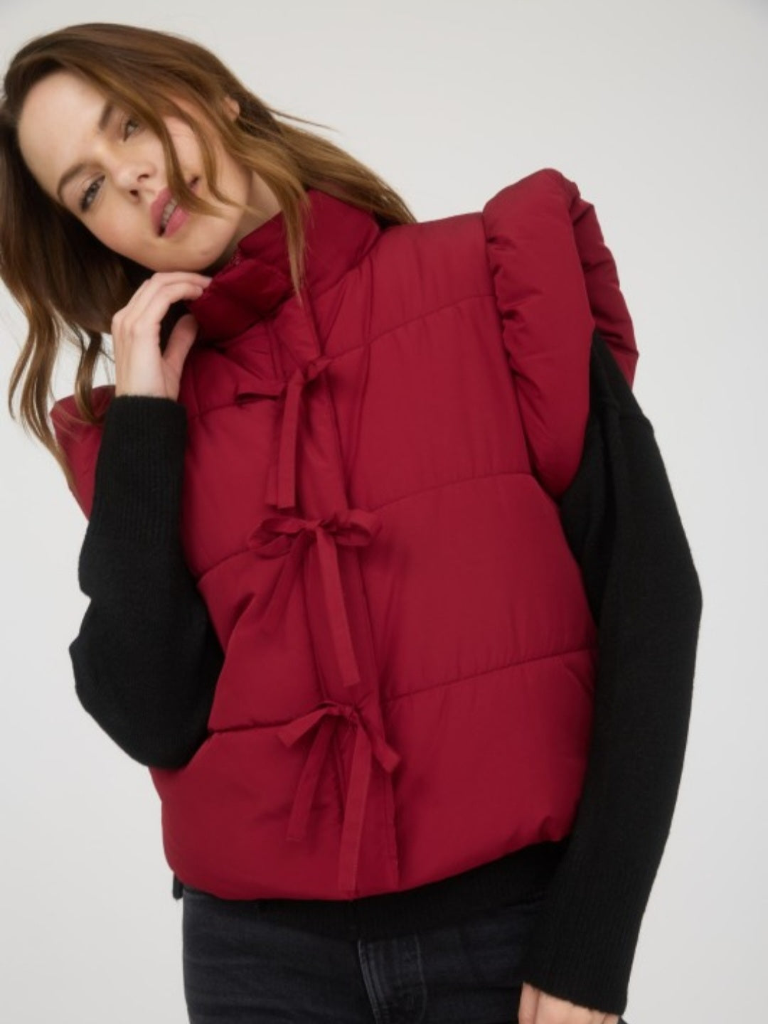 Red Puff Tie-front Padded Vest in Wine
