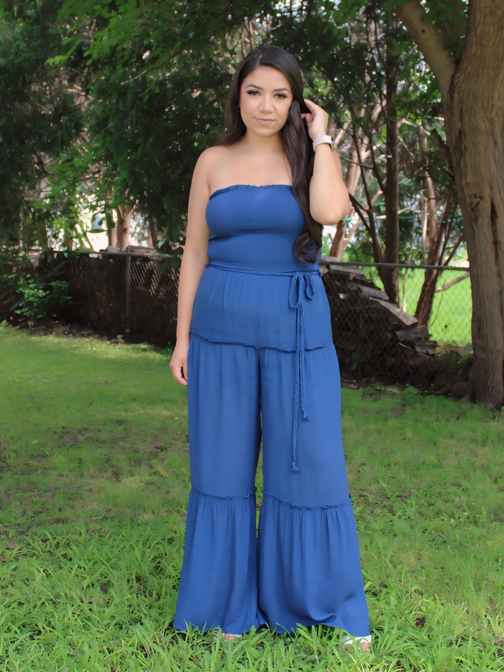 Perfect Woven Sleeveless Smocked Ruffle Jumpsuit in Navy