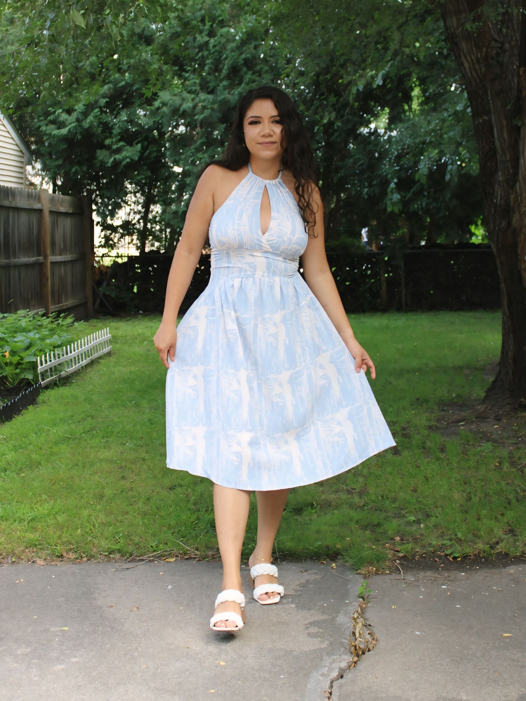 Sky Blue Tie Halter Neck Keyhole Detail Printed Dress
