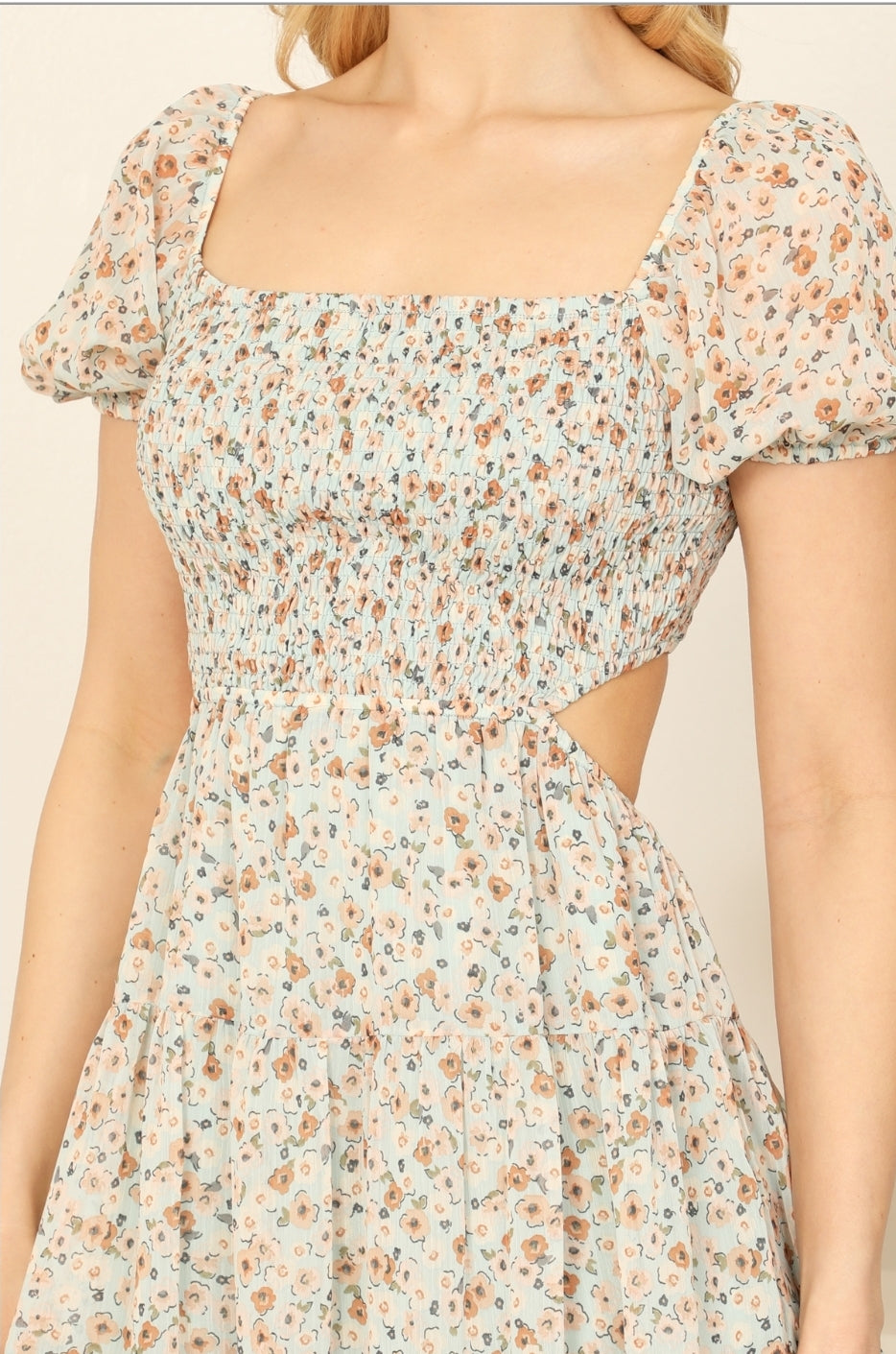 Ivet's Mint Back Cut Floral Mini Dress