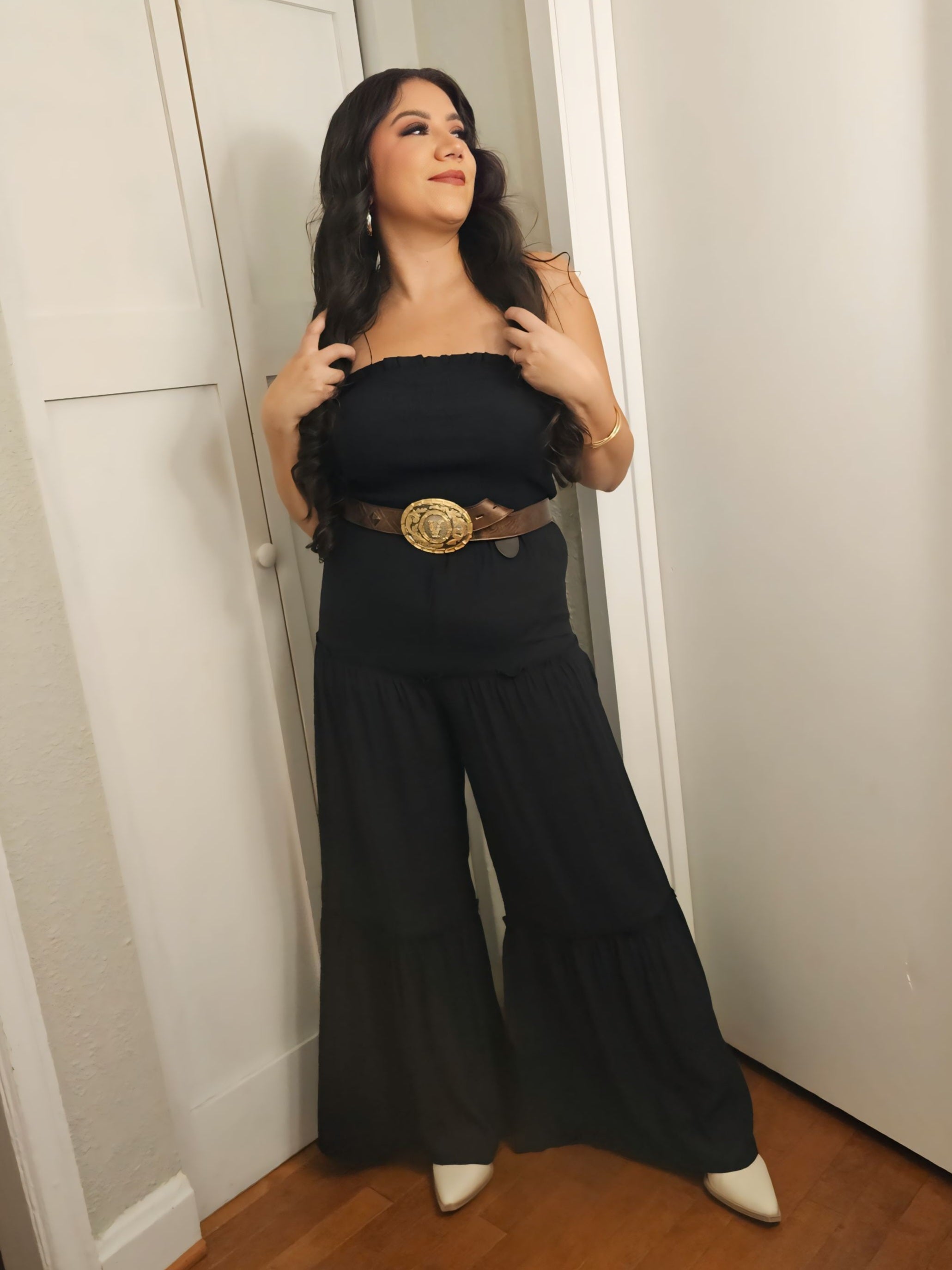 Perfect Woven Sleeveless Smocked Ruffle Jumpsuit in Black