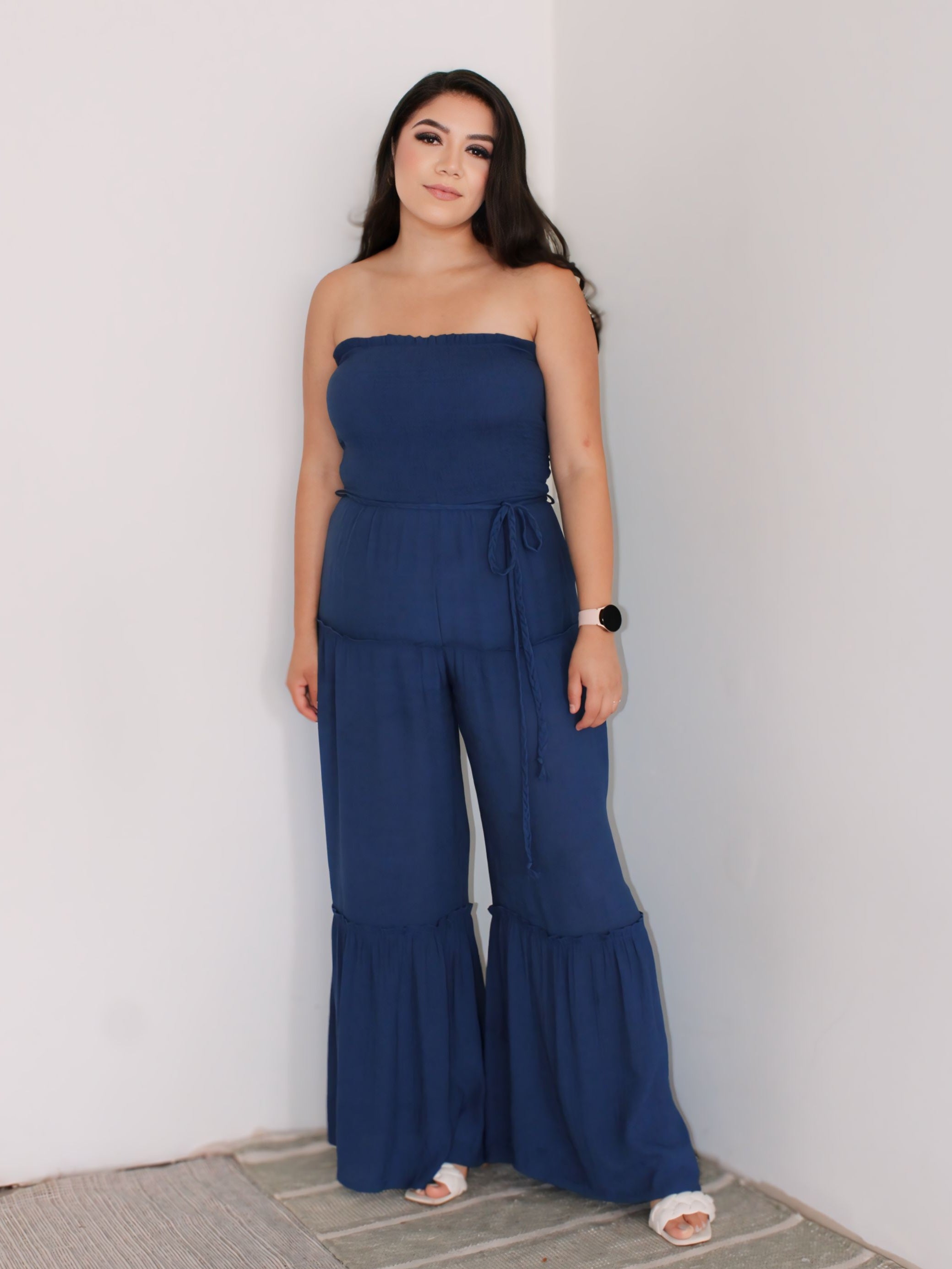 Perfect Woven Sleeveless Smocked Ruffle Jumpsuit in Navy