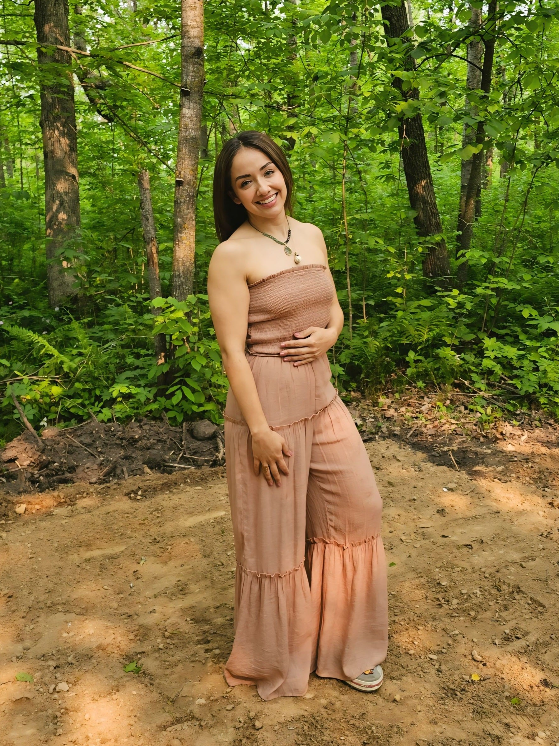 Perfect Woven Sleeveless Smocked Ruffle Jumpsuit in Clay