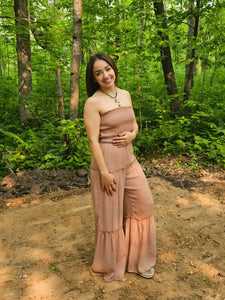 Perfect Woven Sleeveless Smocked Ruffle Jumpsuit in Clay