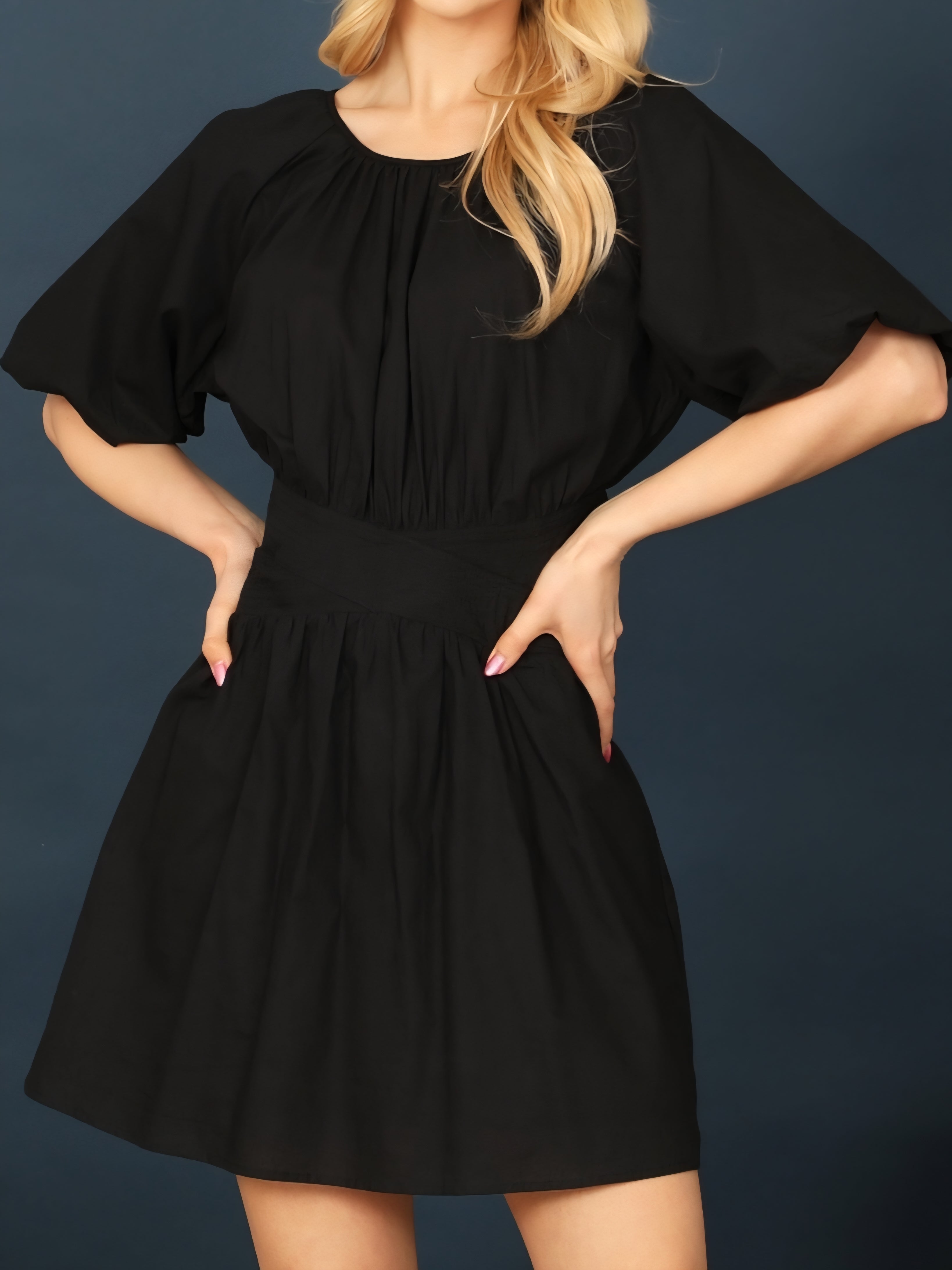 Black Puff Sleeve Cut-Out Waist Dress