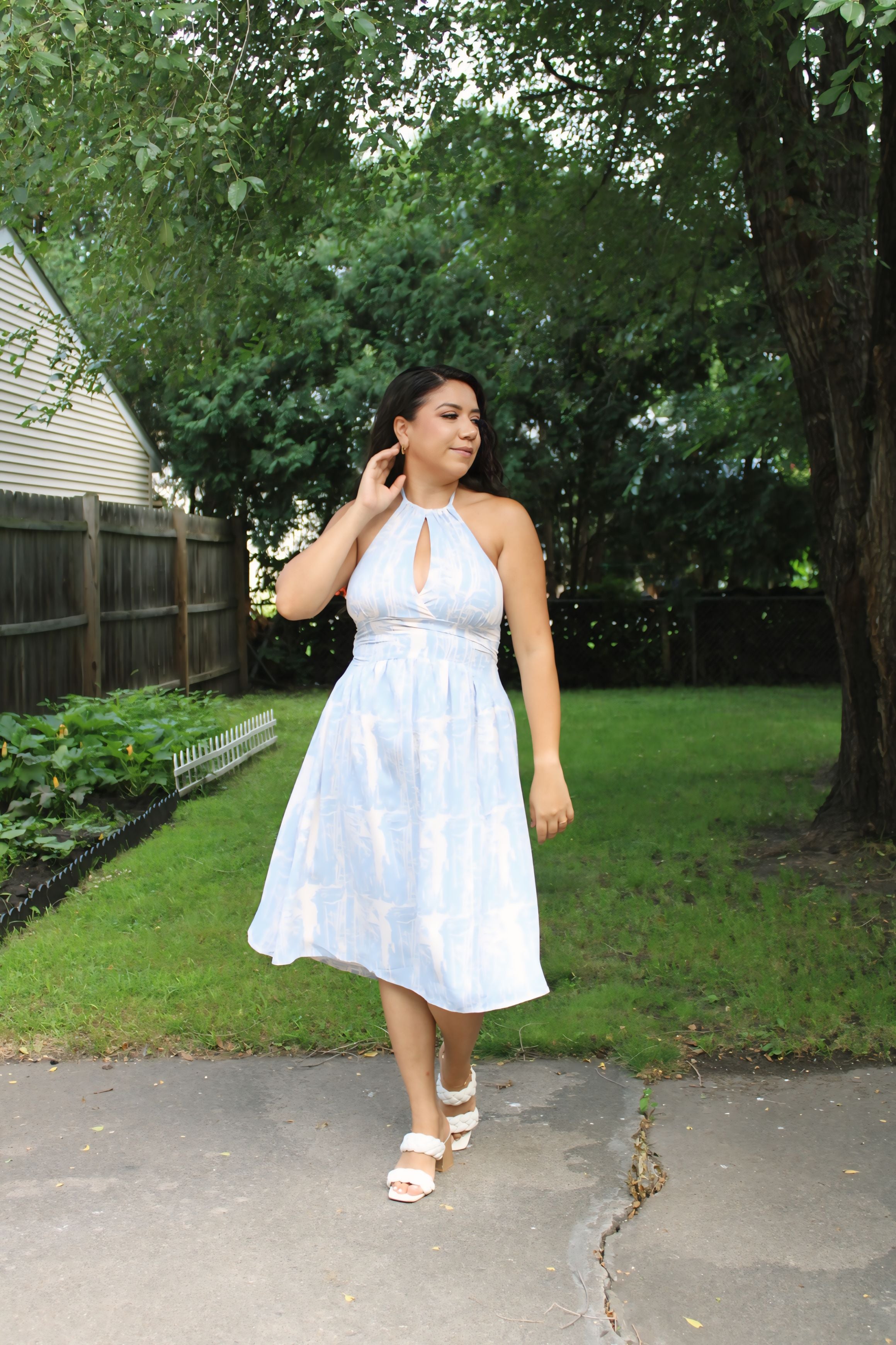 Sky Blue Tie Halter Neck Keyhole Detail Printed Dress